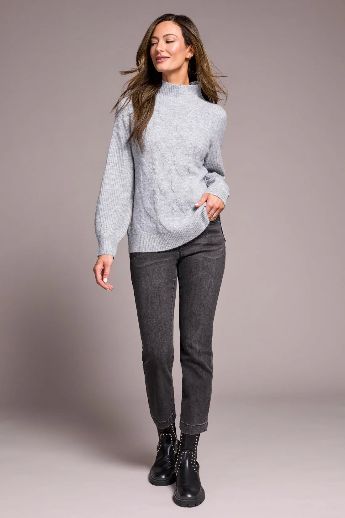 Tribal Long Puff Sleeve Mock Neck Sweater Grey Mix