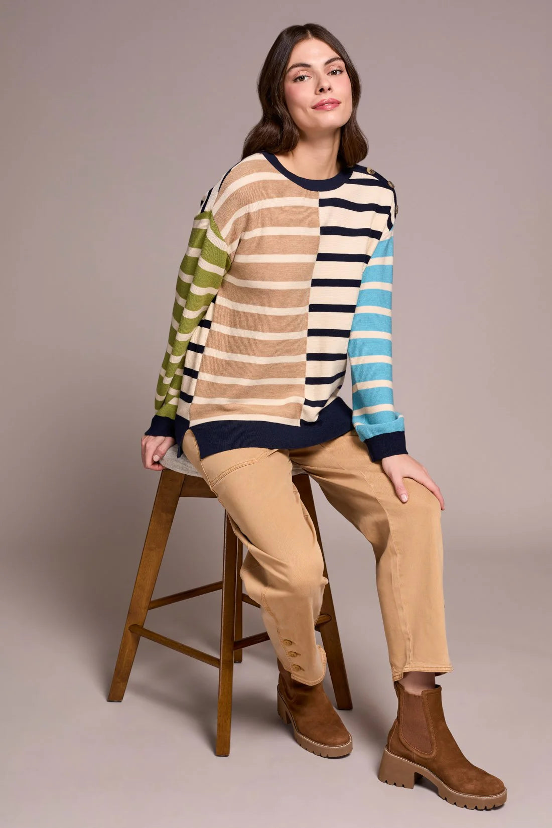 Tribal Multi Stripe Lightweight Crewneck Sweater - Iced Latte