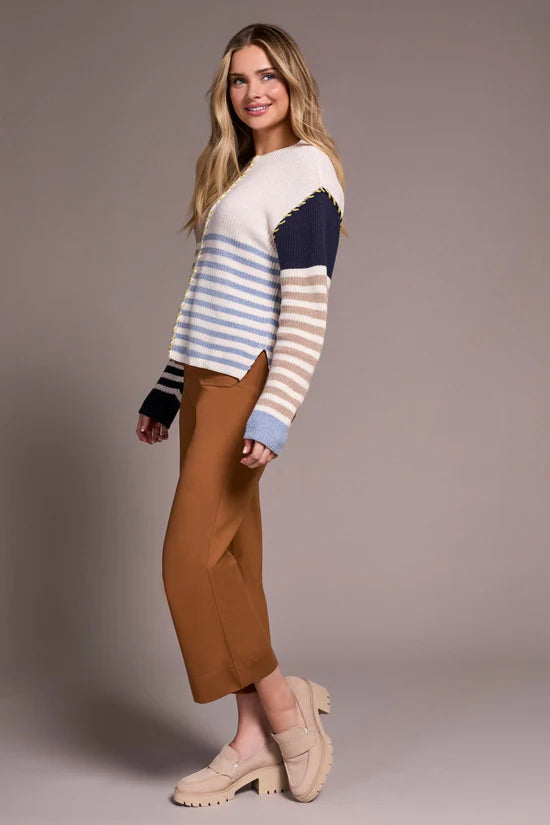 Tribal Tribal Multi Stripe Textured Boat Neck Sweater Sandstone