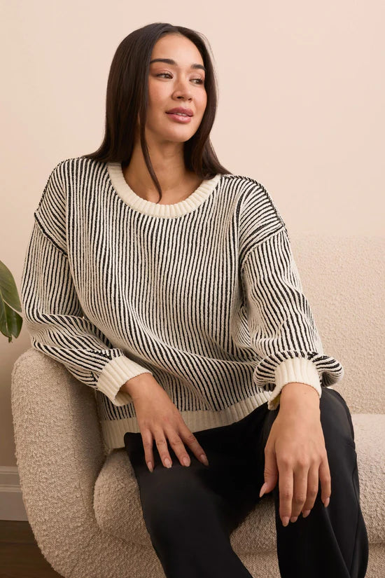 Tribal Plaited Chenille Crew Neck Ribbed Sweater - Black