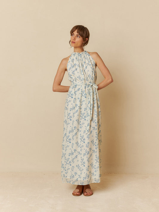 Indi + Cold Floral Halter Maxi Dress Cream/Blue