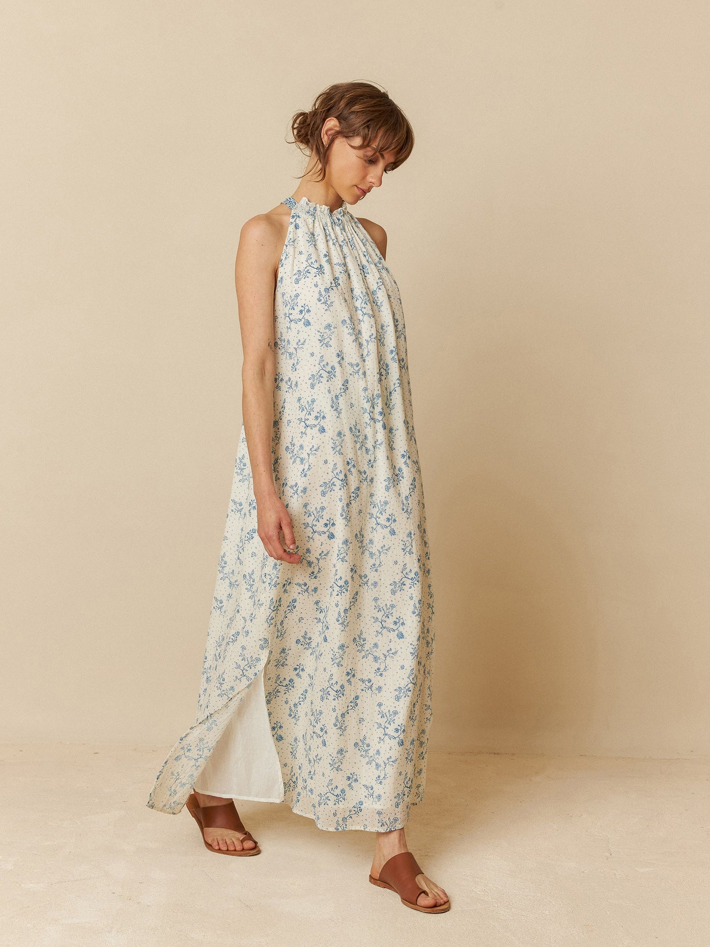 Indi + Cold Floral Halter Maxi Dress Cream/Blue