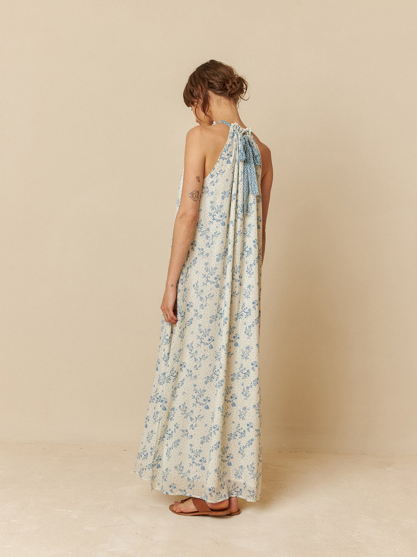 Indi + Cold Floral Halter Maxi Dress Cream/Blue