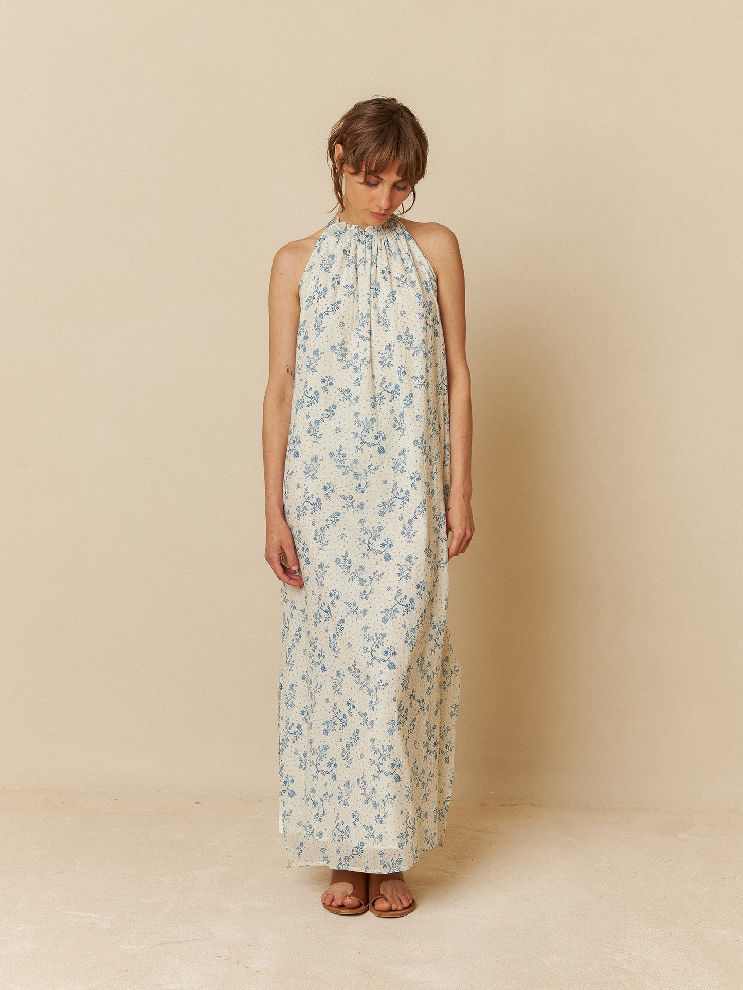 Indi + Cold Floral Halter Maxi Dress Cream/Blue