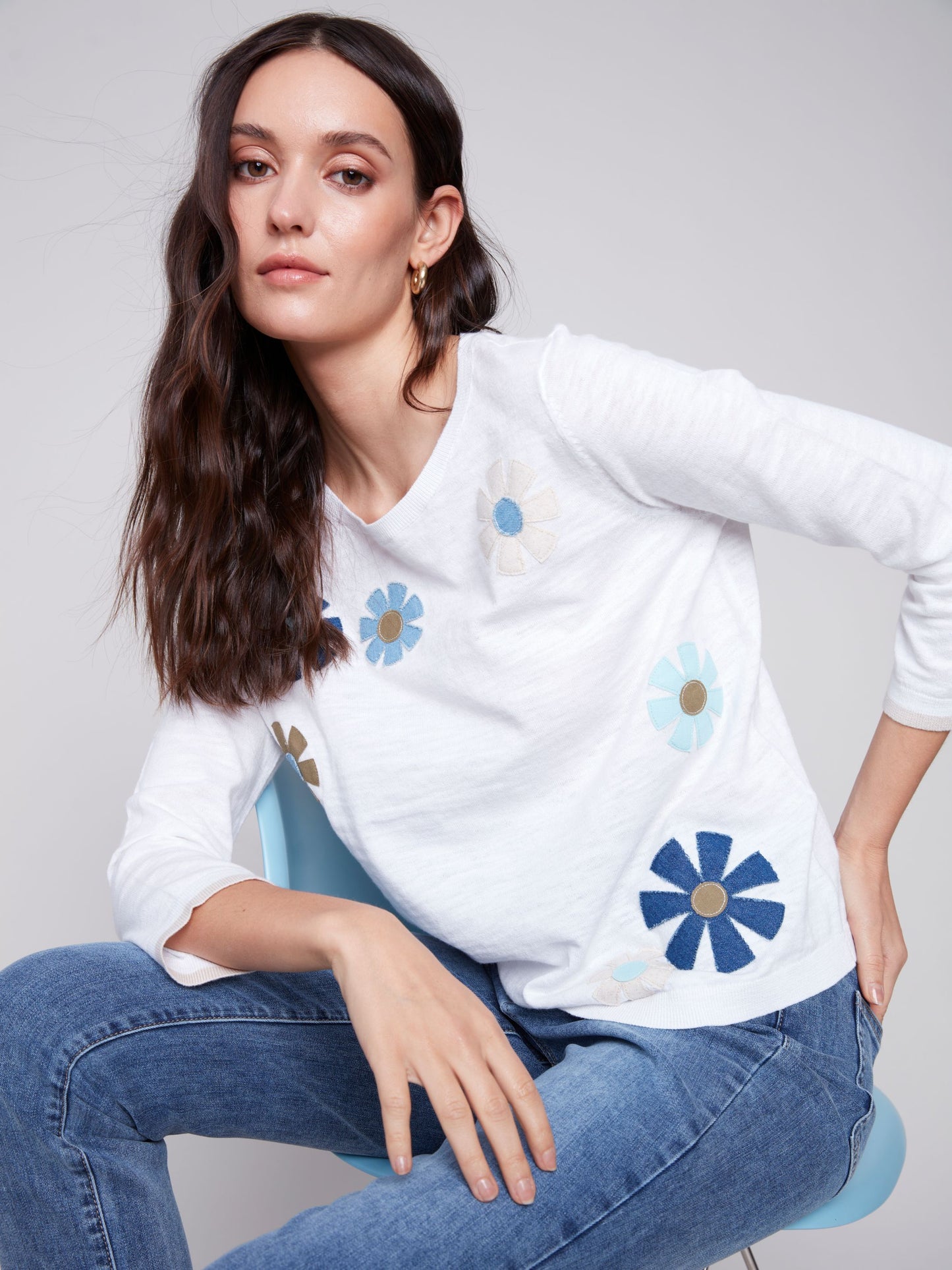 Charlie B Sweater with Flower Patches - White