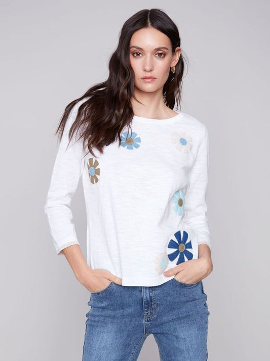 Charlie B Sweater with Flower Patches - White