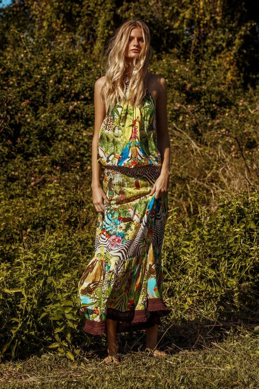 Rubyyaya Taylor Tropical Maxi Halter Dress
