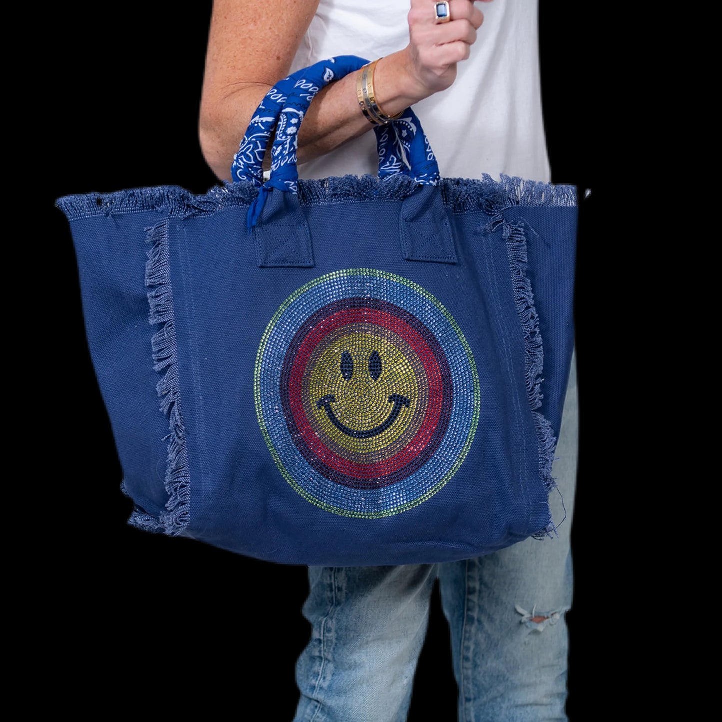 Hip Chik Crystal Multi Smile Fringe Canvas Tote Bag Blue