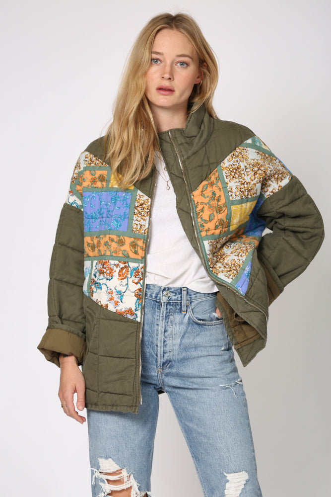 Mixed Signals Patchwork Quilted Jacket-Olive