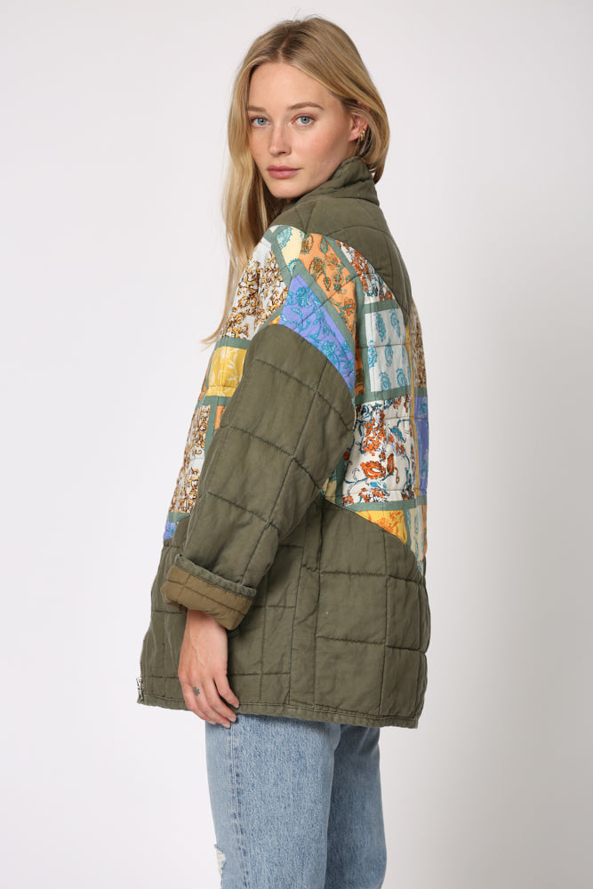 Mixed Signals Patchwork Quilted Jacket-Olive