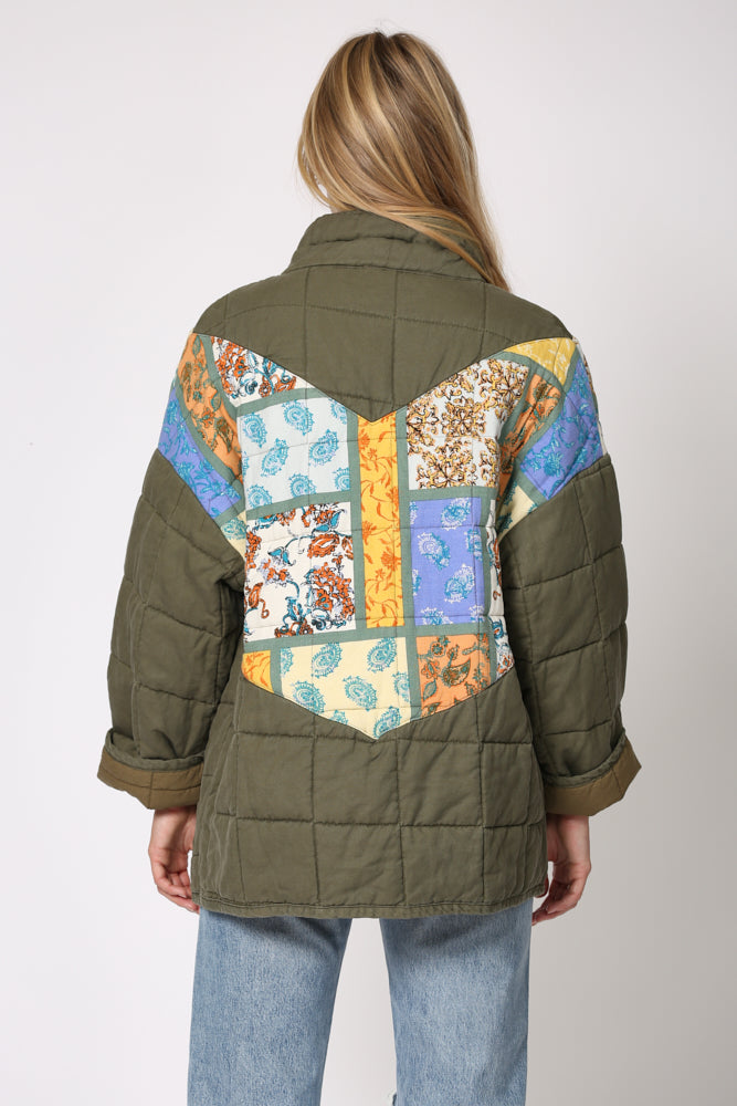 Mixed Signals Patchwork Quilted Jacket-Olive