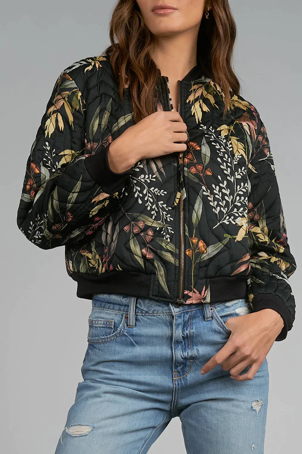 Elan Olive Leaf Bomber Jacket-Black