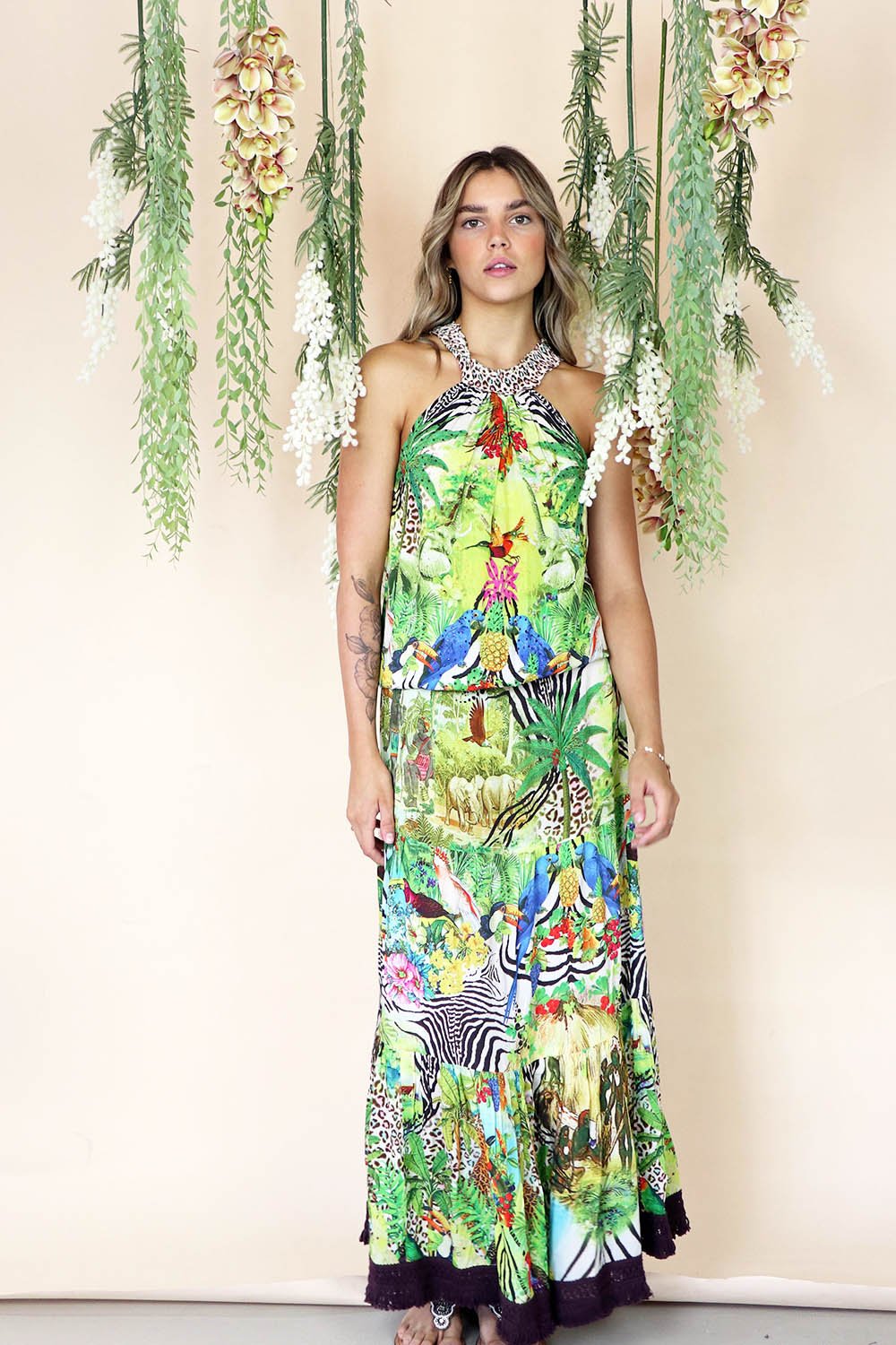 Rubyyaya Taylor Tropical Maxi Halter Dress