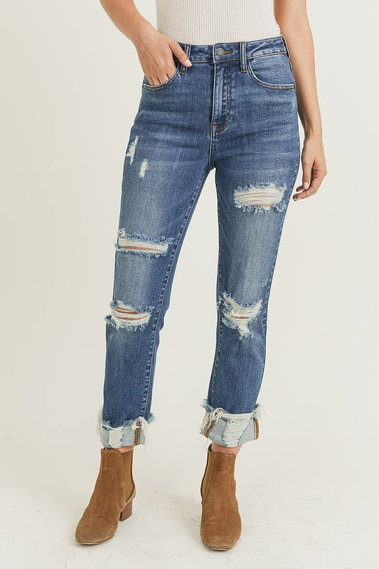 Risen High Rise Distressed Turn Back Cuff Straight Leg Jean