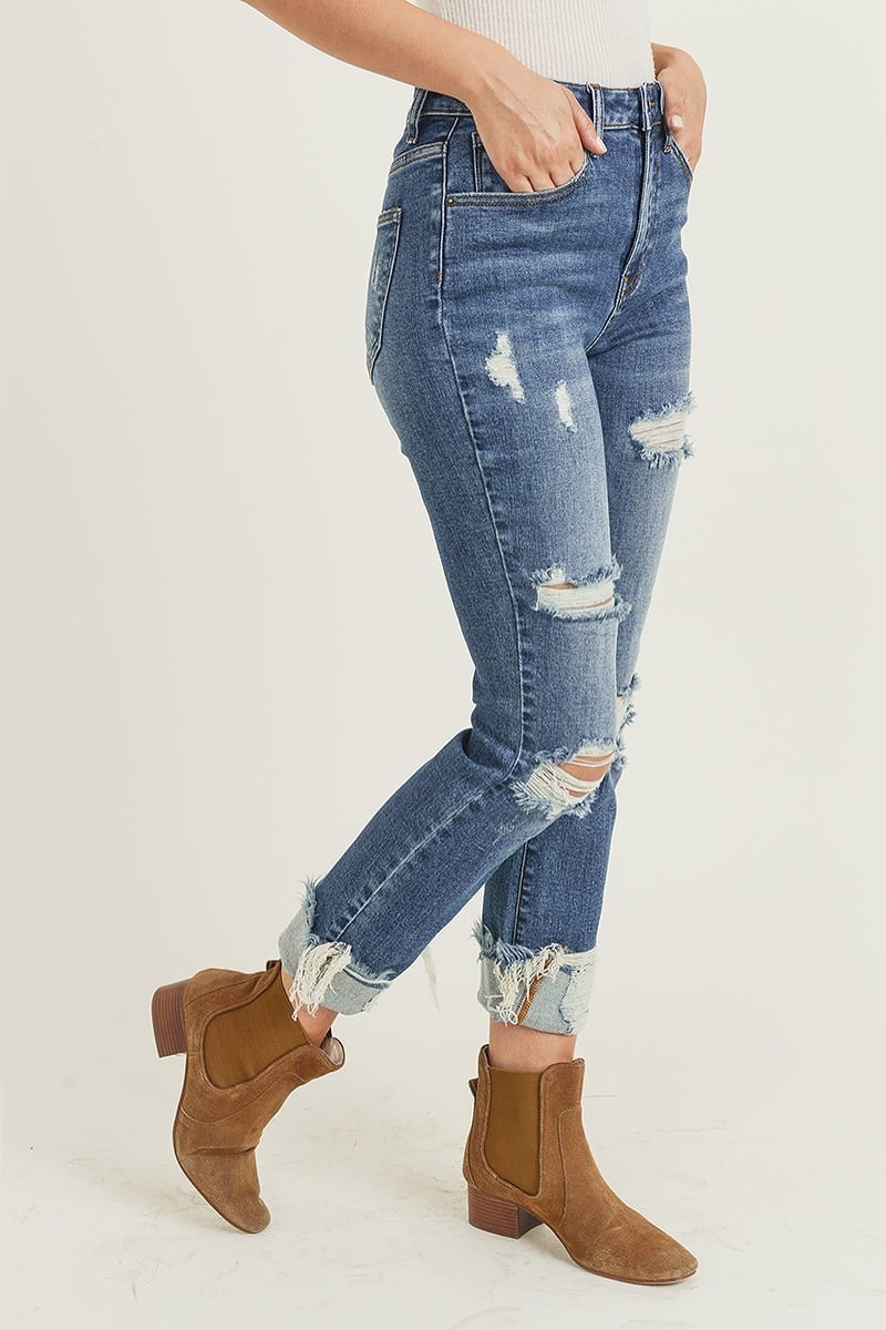 Risen High Rise Distressed Turn Back Cuff Straight Leg Jean