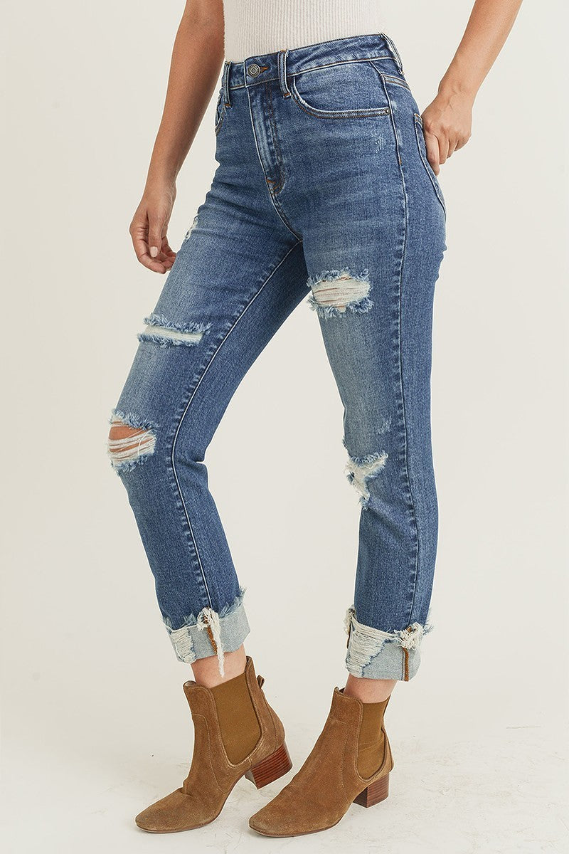 Risen High Rise Distressed Turn Back Cuff Straight Leg Jean