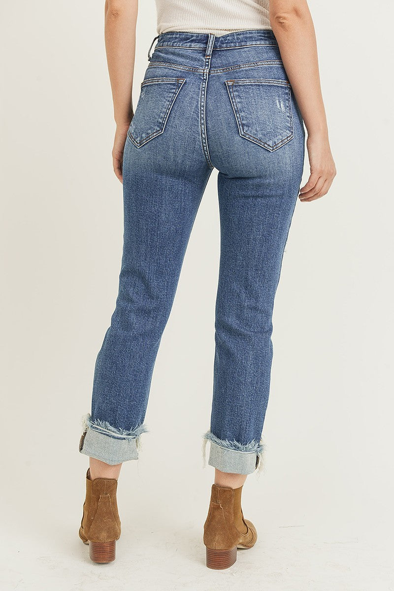 Risen High Rise Distressed Turn Back Cuff Straight Leg Jean