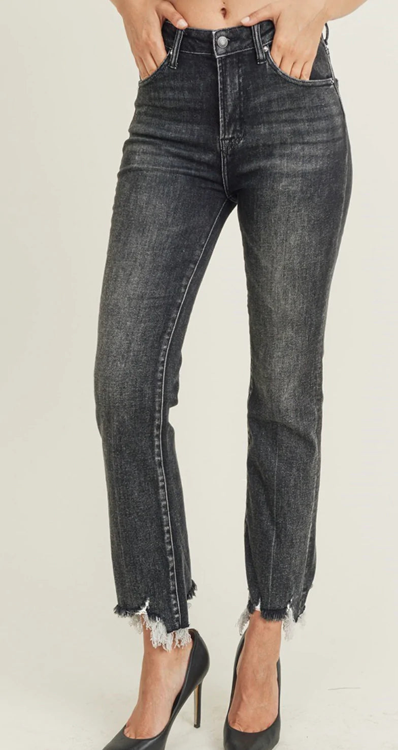 Risen High Rise Frayed Hem Ankle Flare Jean