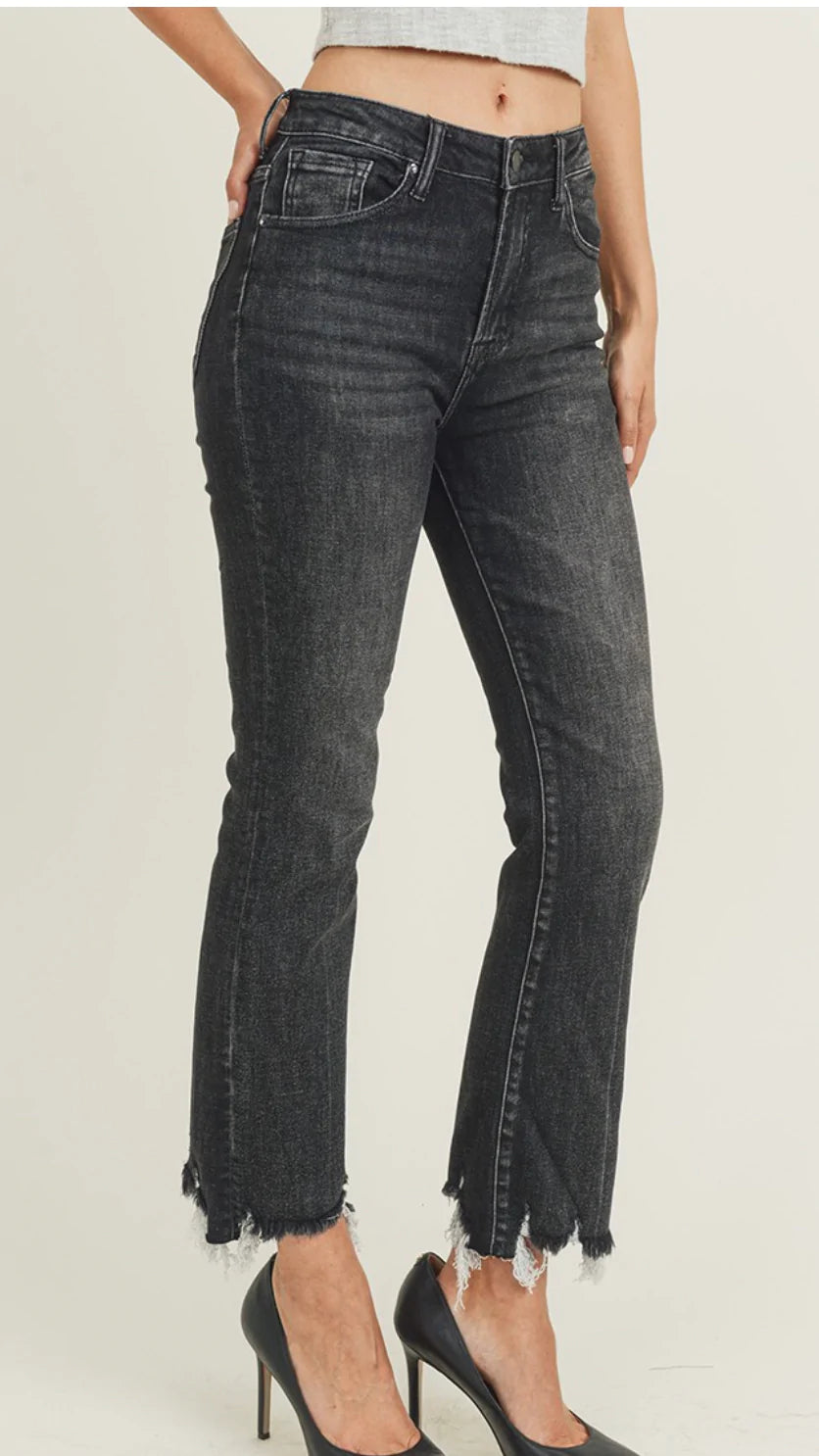 Risen High Rise Frayed Hem Ankle Flare Jean