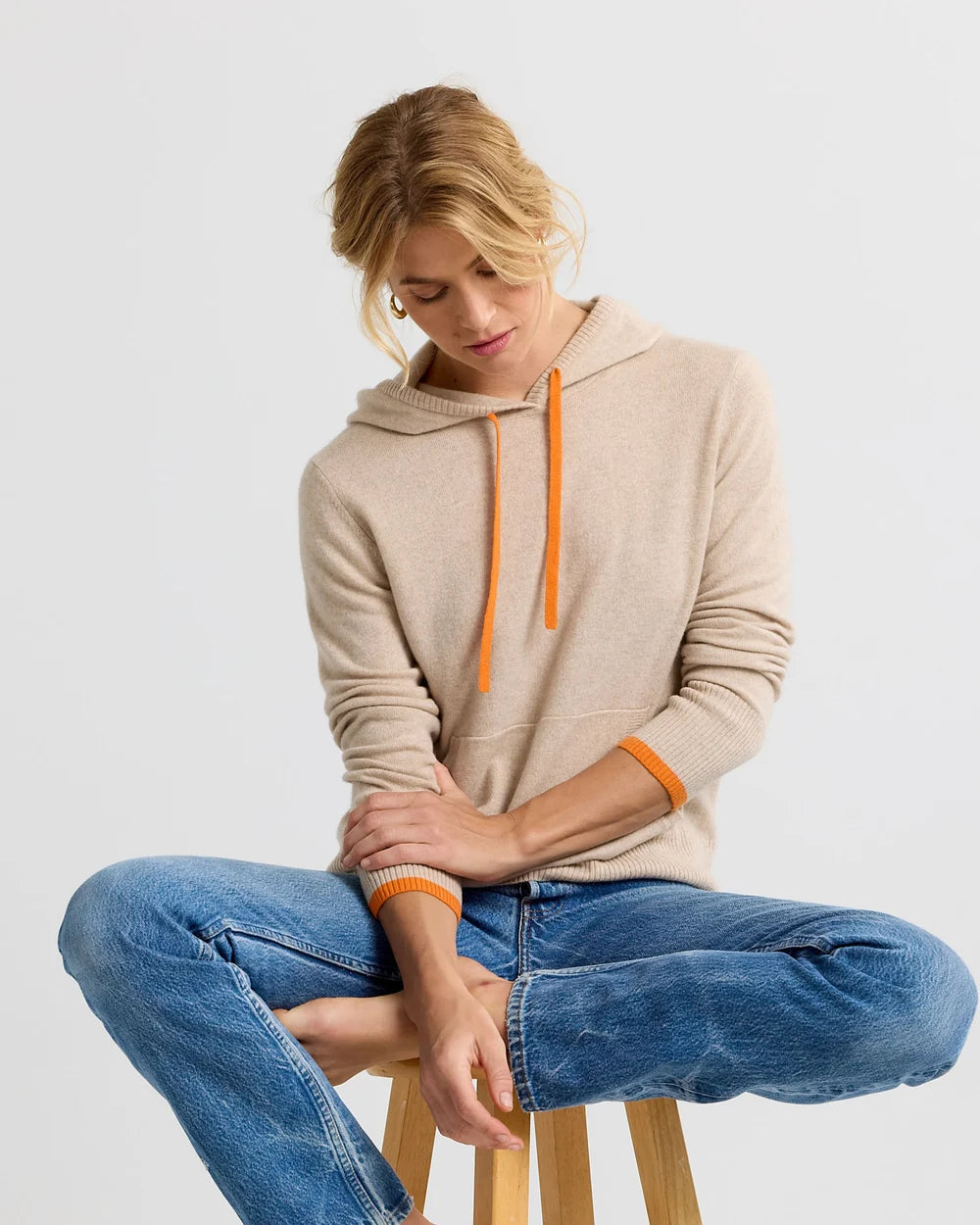 Pura Cashmere Cashmere Contrast Hoodie - Sand/Orange