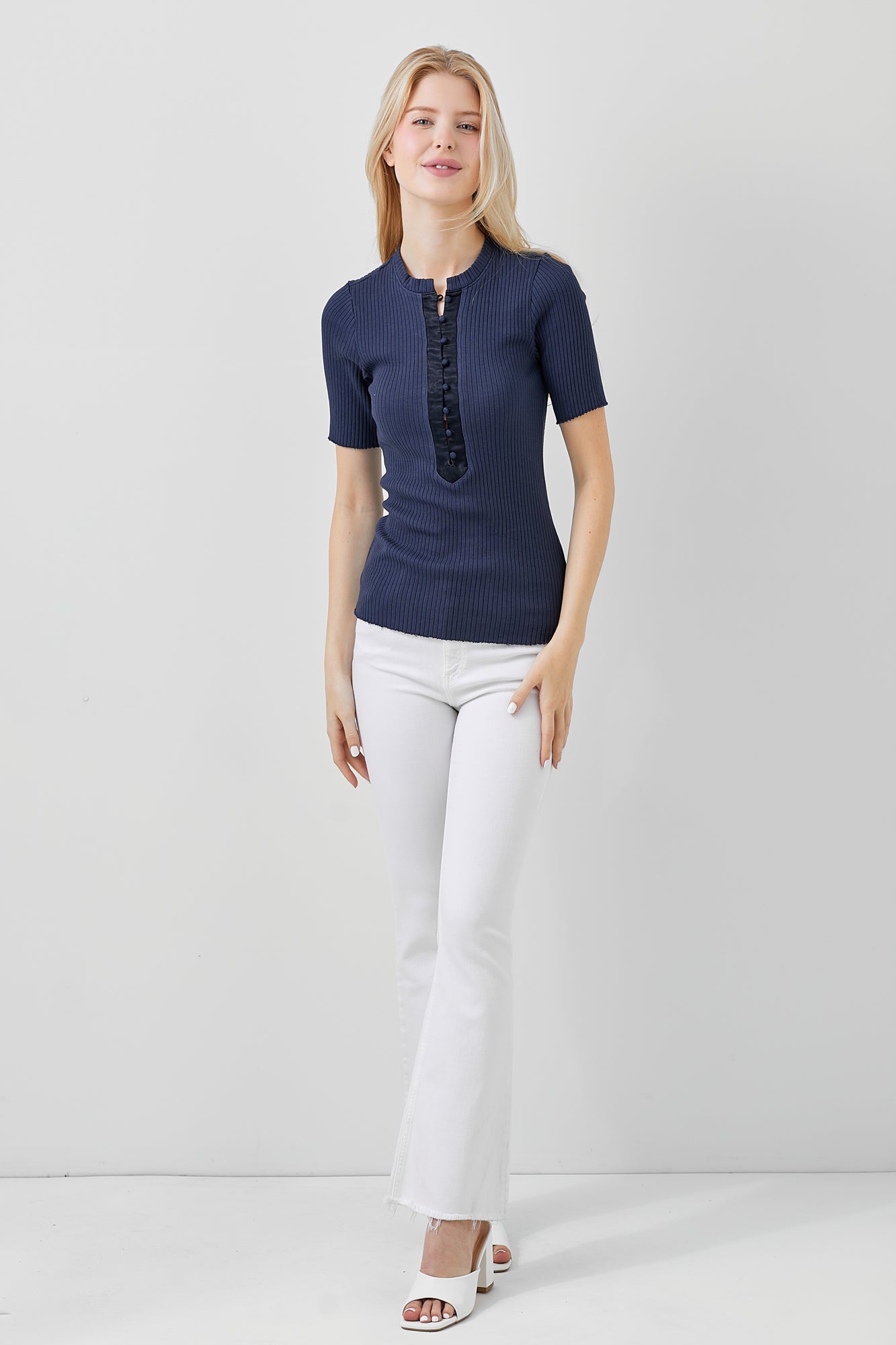 Maven West S/S Rib Button Top-Navy