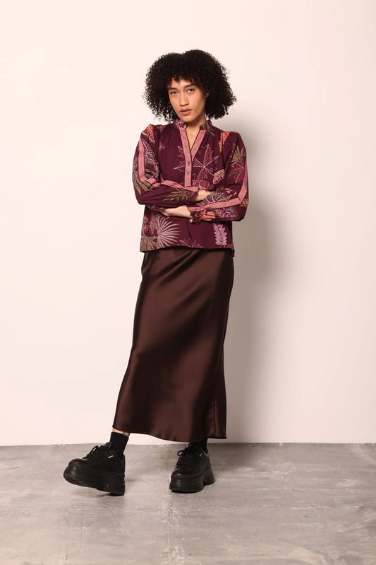 Maude Vivante Ashley Ruffle Neck Top - Wine Flora