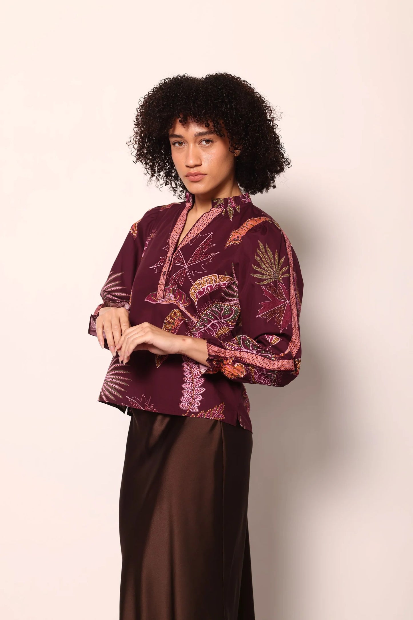 Maude Vivante Ashley Ruffle Neck Top - Wine Flora