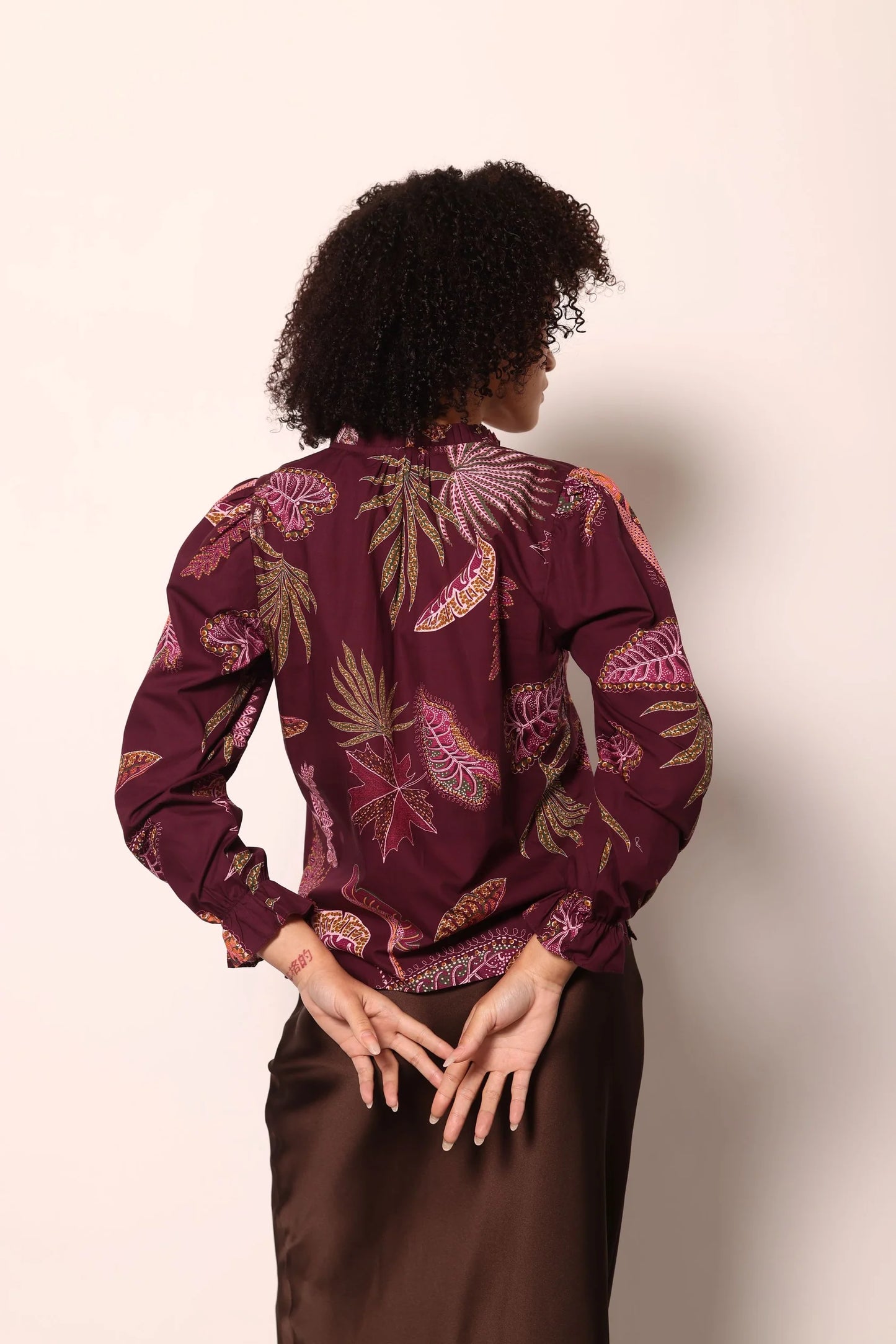 Maude Vivante Ashley Ruffle Neck Top - Wine Flora