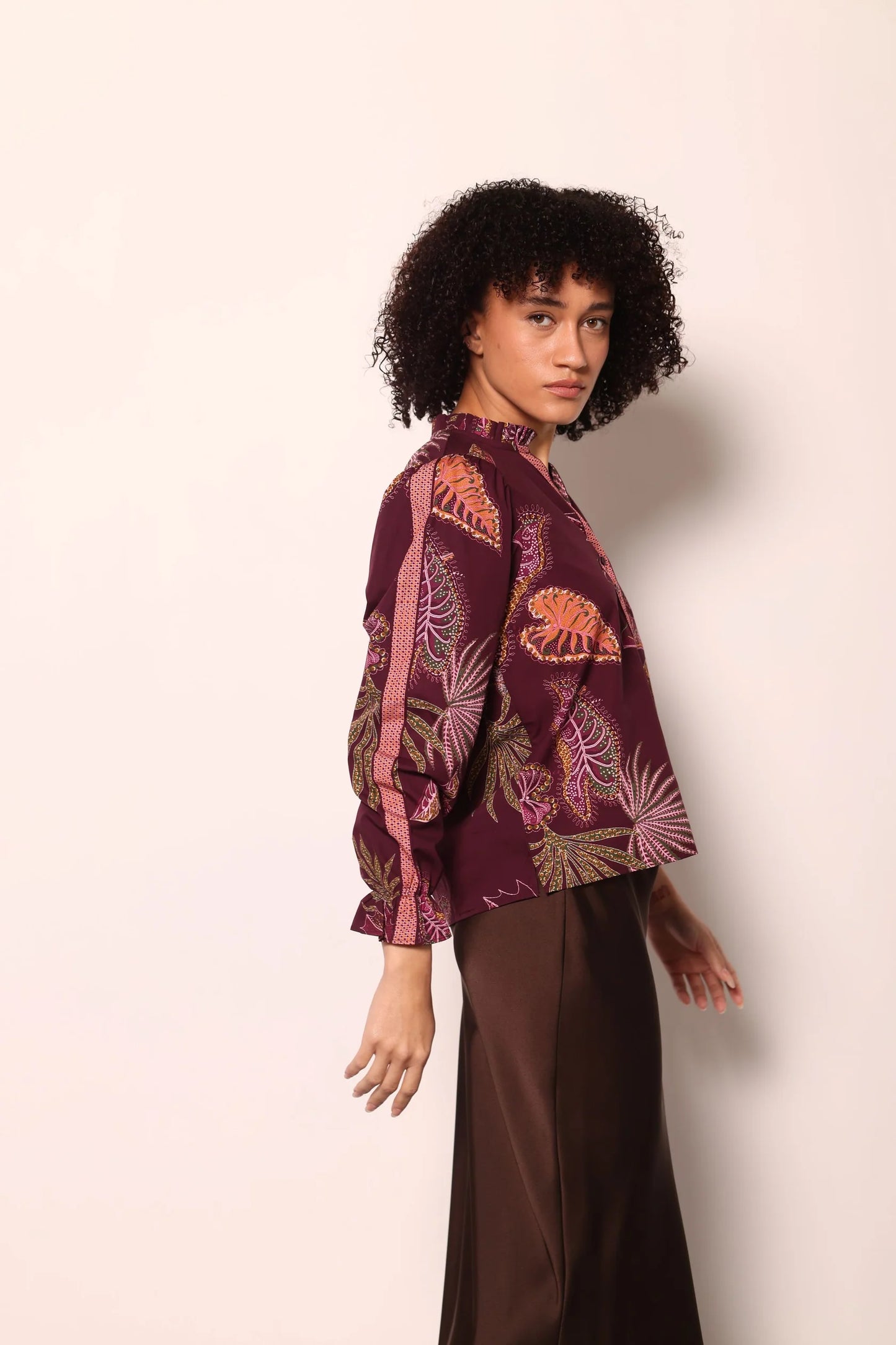 Maude Vivante Ashley Ruffle Neck Top - Wine Flora
