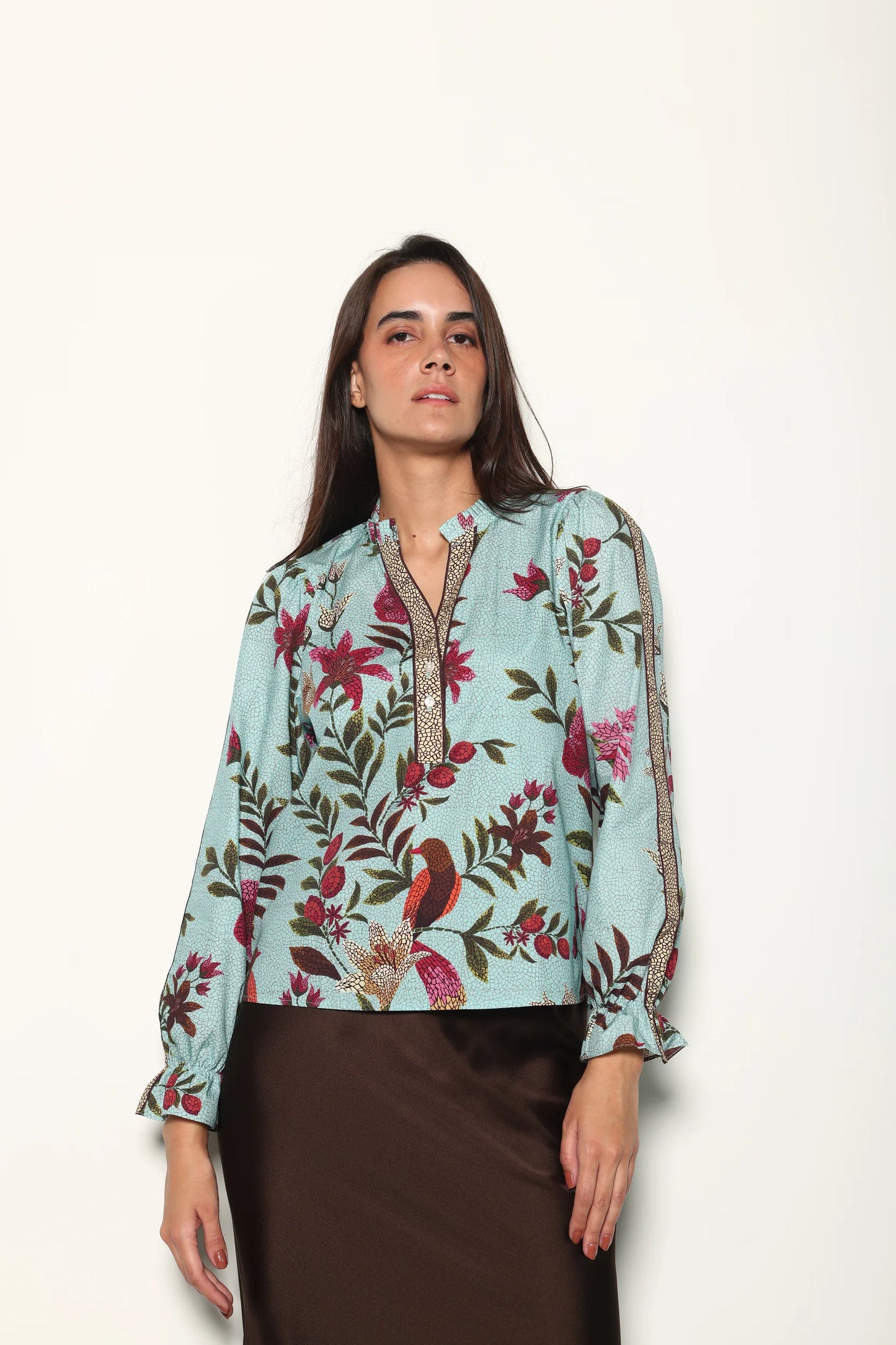 Maude Vivante Ashley Ruffle Neck Top - Opal Mosaic