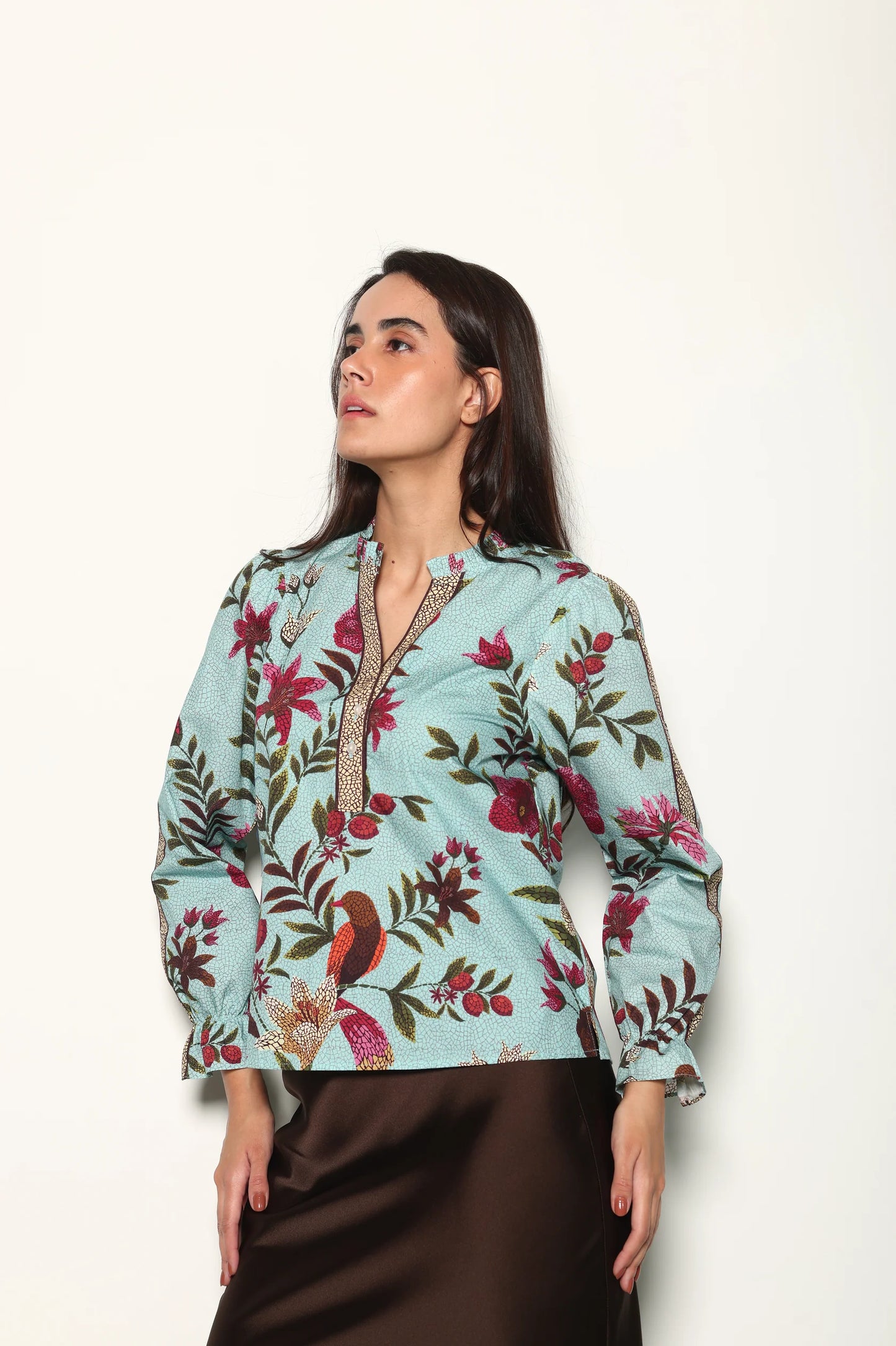 Maude Vivante Ashley Ruffle Neck Top - Opal Mosaic