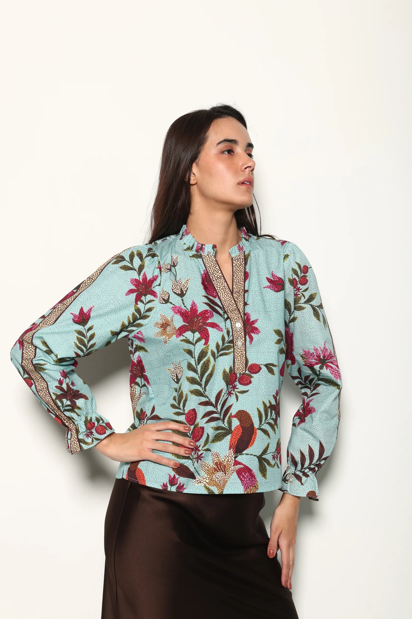 Maude Vivante Ashley Ruffle Neck Top - Opal Mosaic