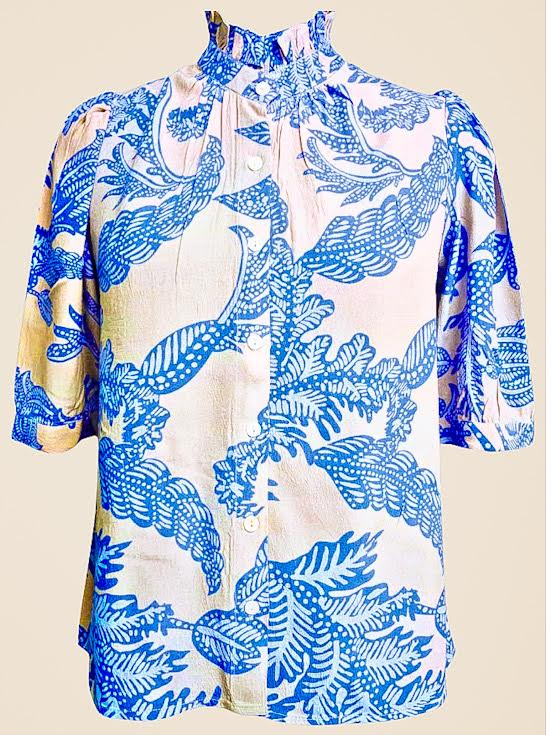 La Plage Thursday 3/4 Blouse Bali Floral Taupe/Blues