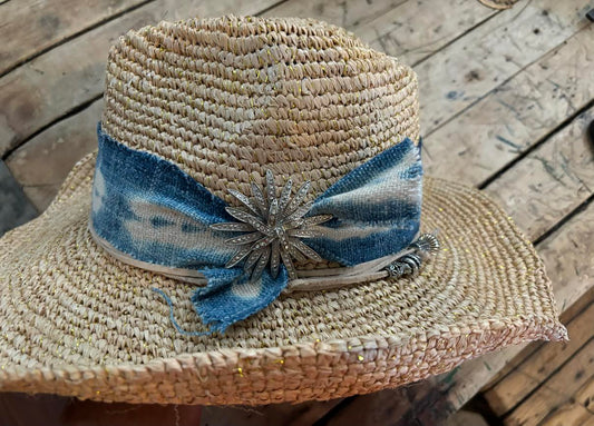 Trinity Straw Cowboy Hat - Natural/Blue