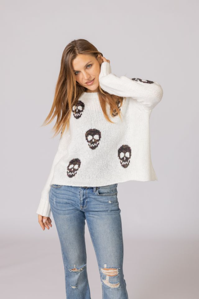 Wooden Ships Skulls Crew Chunky Sweater - Pure Snow/Black Heather