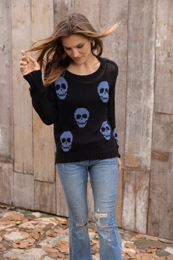 Wooden Ships Skulls Crew Neck Cotton -Black/Denim Heather