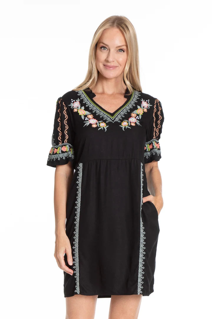APNY Floral Embroidered V-Neck Dress With Elbow Sleeves-Black