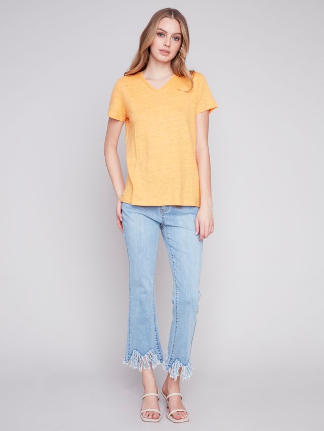 Charlie B Linen Jersey V Neck Tee Melon