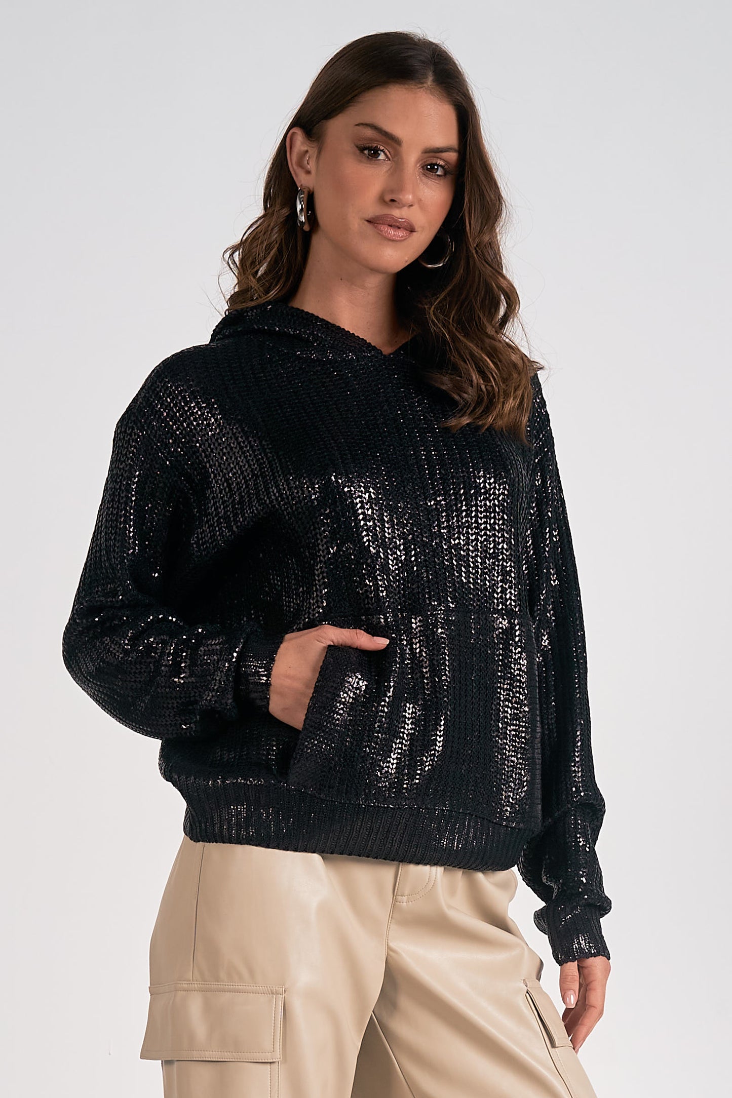 Elan Metallic Hoodie Sweater Black