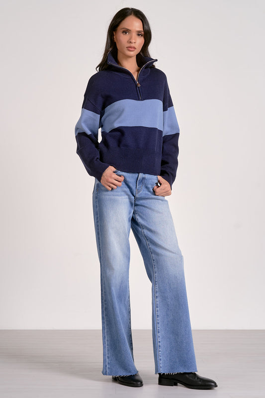 1/4 Zip Stripe Sweater Navy / Light Blue