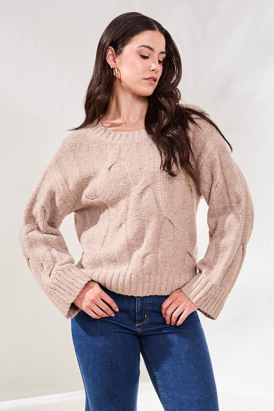 Cable Cable-Knit Textured Crewneck Sweater Heather Almond