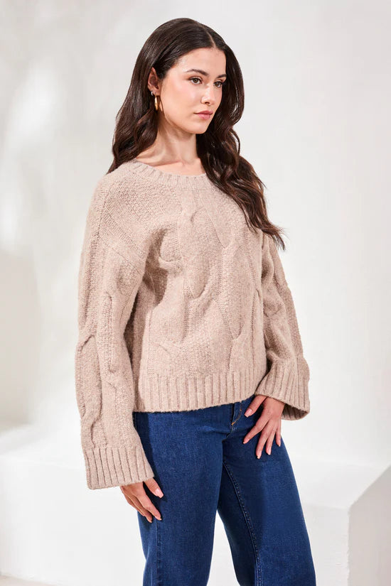 Cable Cable-Knit Textured Crewneck Sweater Heather Almond