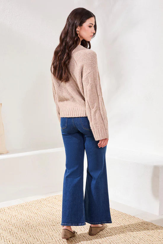 Cable Cable-Knit Textured Crewneck Sweater Heather Almond