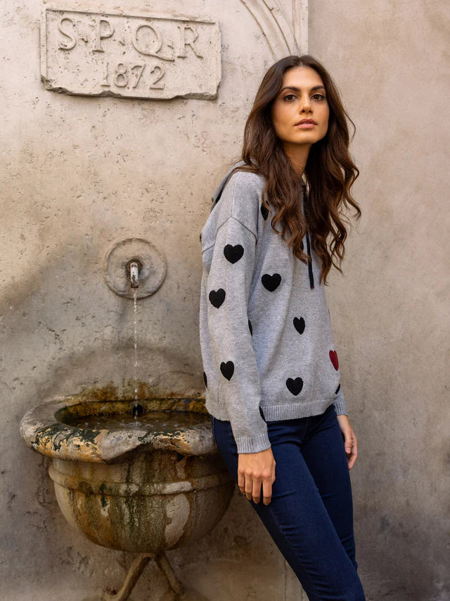 Charlie B Embroidered Hearts Hoodie Sweater - Heather Grey