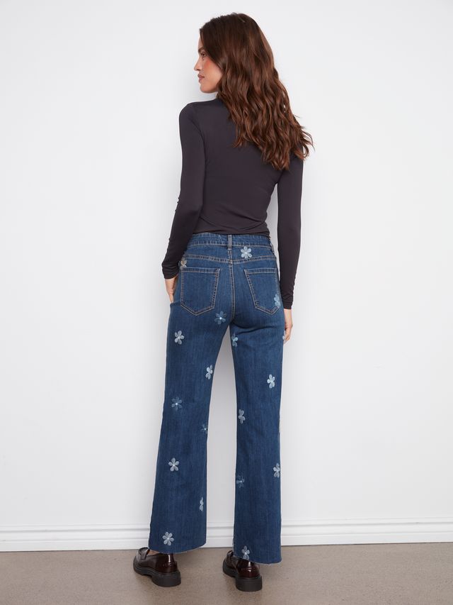 Charlie B Wide Leg Denim Jean Flower Patches - Indigo