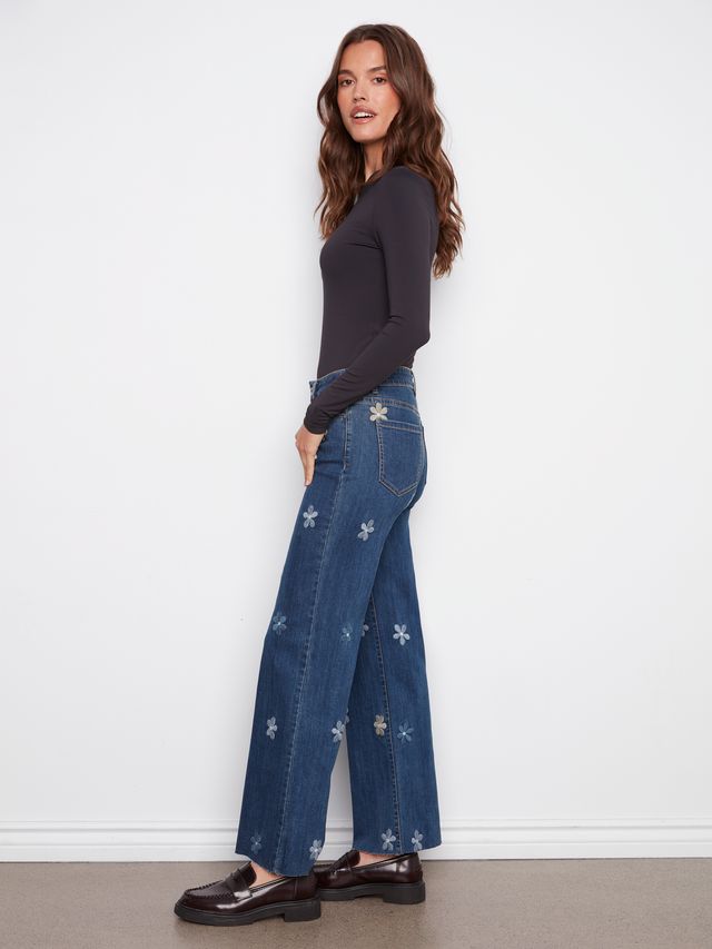 Charlie B Wide Leg Denim Jean Flower Patches - Indigo