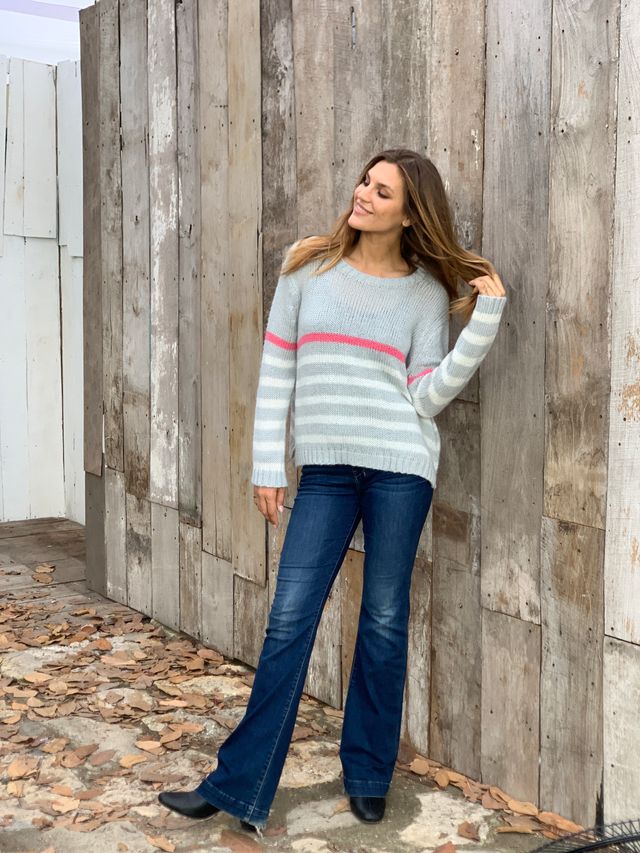 Wooden Ships Kate Striped Chunky Crew Sweater - Barley Grey/Pure Snow Stripe