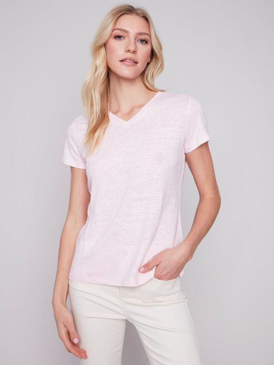 Charlie B Linen Jersey V Neck Tee Pink Lotus