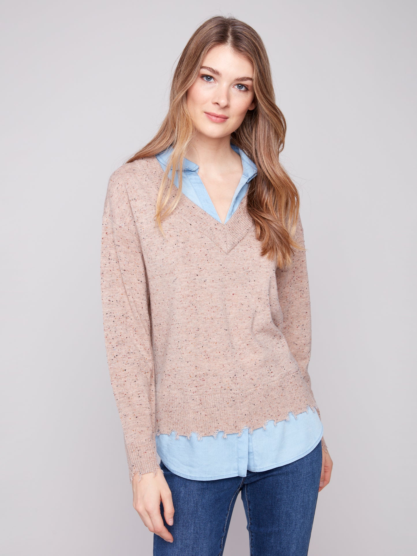 Charlie B V-Neck Fooler Sweater Oat