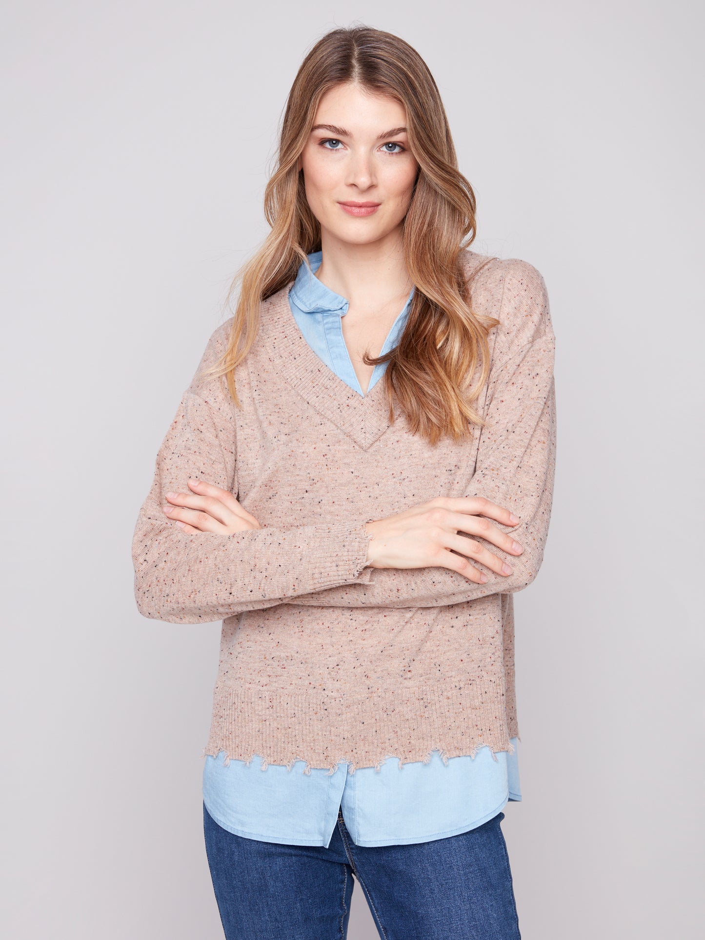 Charlie B V-Neck Fooler Sweater Oat